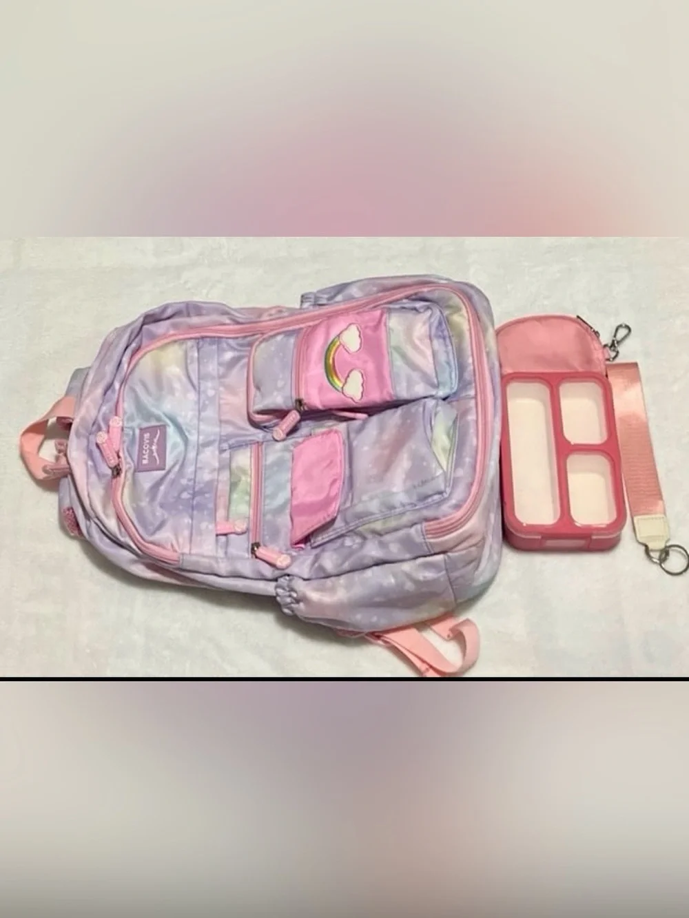 Backpack W/ keychain coin purse and snack box. Rainbow pastel kids bookbag